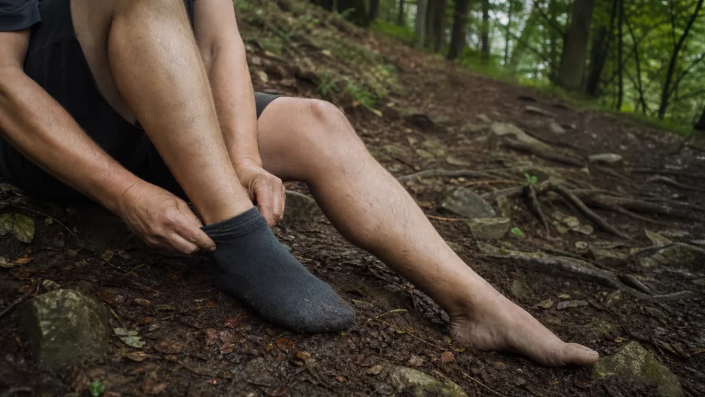 Un coureur ajuste sa chaussette au bord d’un sentier dès la première sensation de frottement