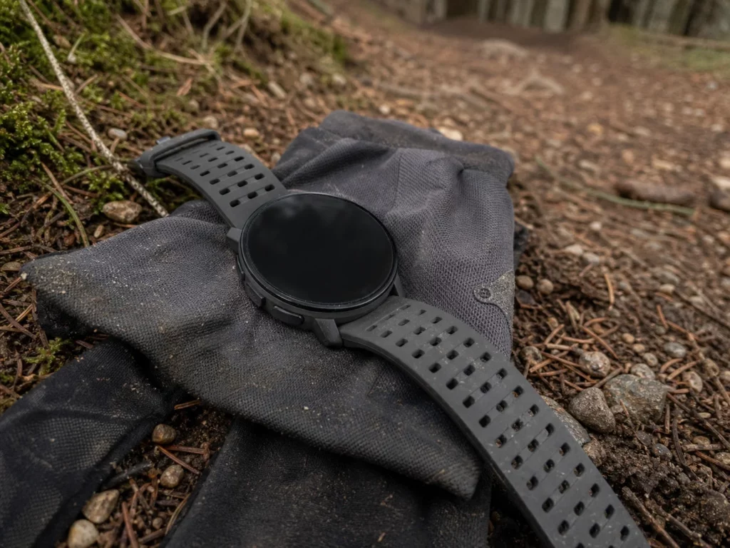 Montre GPS noire posée sur un gant de trail poussiéreux en forêt