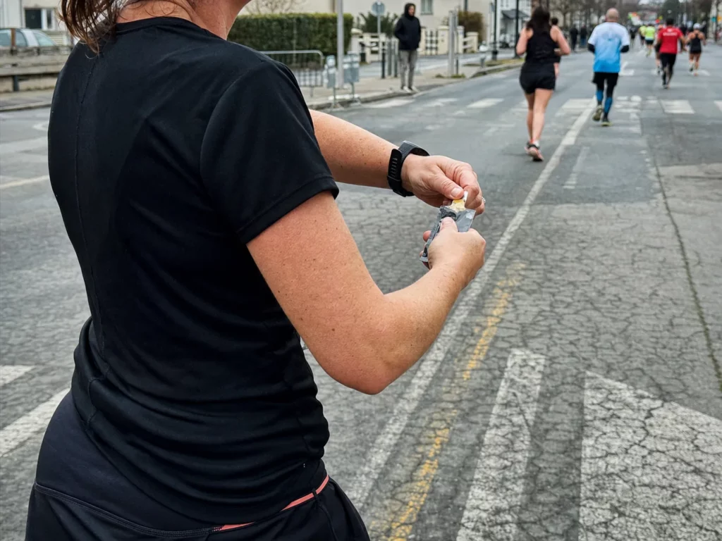 Une coureuse ouvre un gel énergétique non marqué pendant un semi-marathon sur route