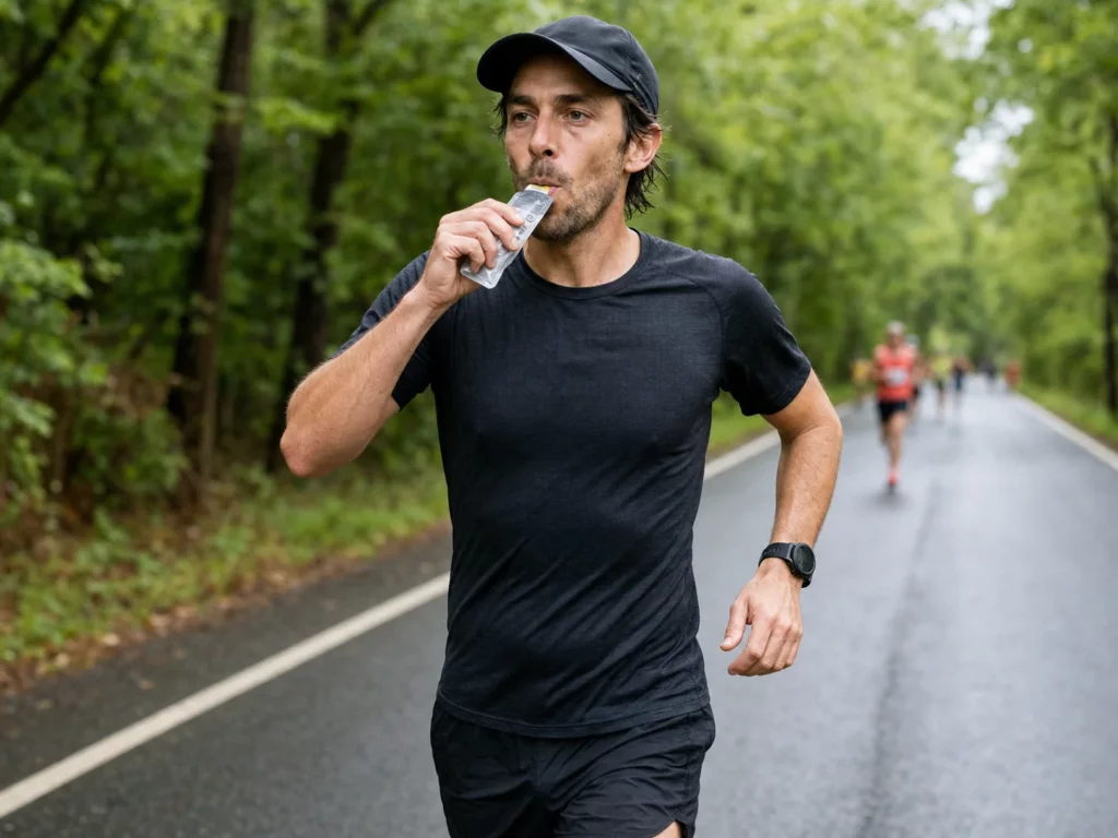 Coureur consommant un gel énergétique pendant une course d'endurance