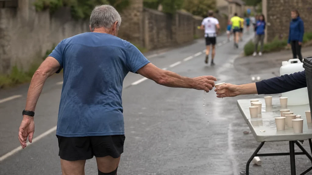 Un coureur âgé saisit un gobelet d'eau à un ravitaillement de semi-marathon