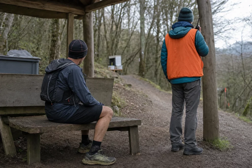 Un bénévole appelle le poste médical pendant qu'un coureur reste assis à l'abri près du sentier.