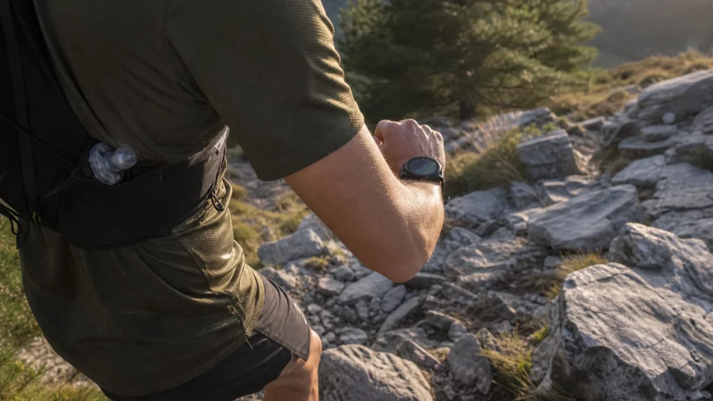 Traileur de dos consultant une trace GPS au poignet sur un sentier rocheux
