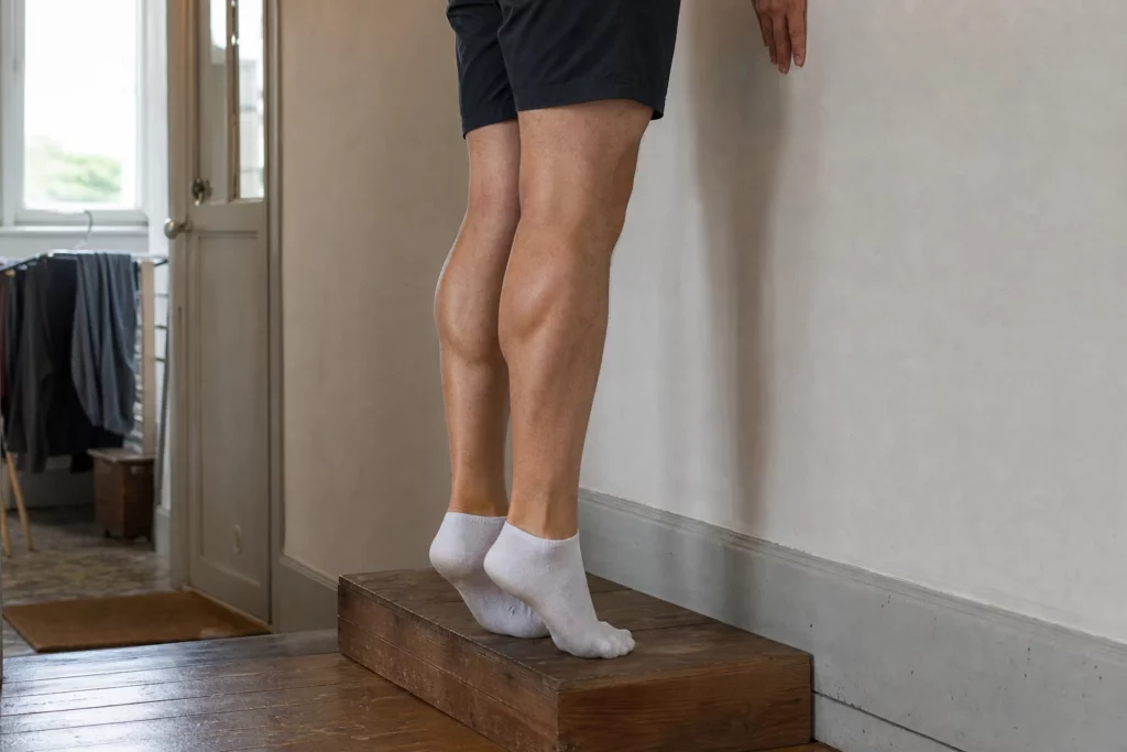 Coureur réalisant une élévation contrôlée des talons sur une marche en bois