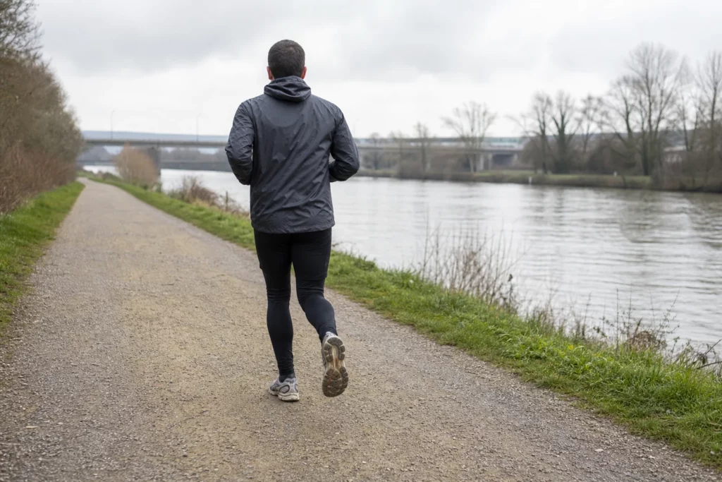 Coureur vu de dos reprenant un footing facile sur un chemin plat au bord de l’eau