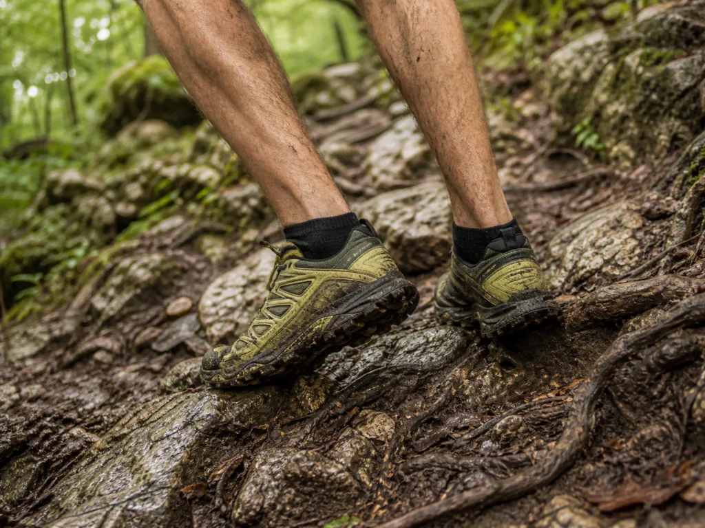 Chaussures de trail prenant appui entre des pierres et des racines humides en descente