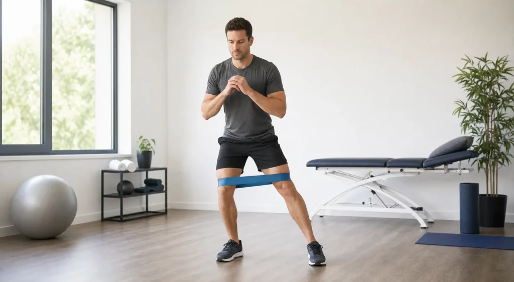 Coureur réalisant un exercice de renforcement des muscles fessiers pour prévenir le syndrome de l'essuie-glace.