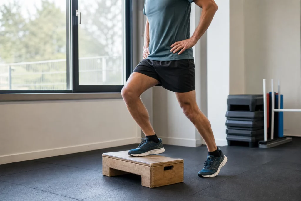 Un sportif réalise une descente de marche sur une jambe dans une salle éclairée par une fenêtre.