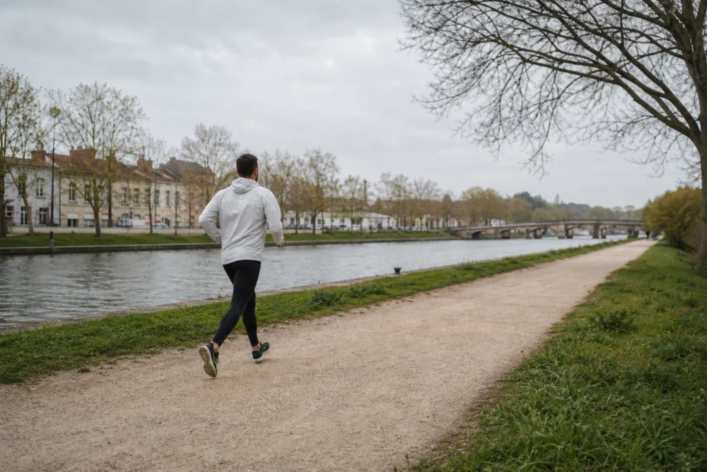 Un coureur avance à allure tranquille sur un chemin plat au bord d'un canal.