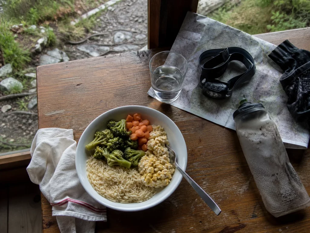 Une assiette composée de féculents, de légumes et d'une source de protéines pour un repas avant une course