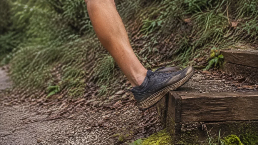 Coureur abaissant le talon sous une marche lors d'un exercice excentrique en forêt