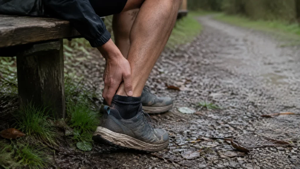 Coureur palpant l'arrière de sa cheville sur un sentier humide